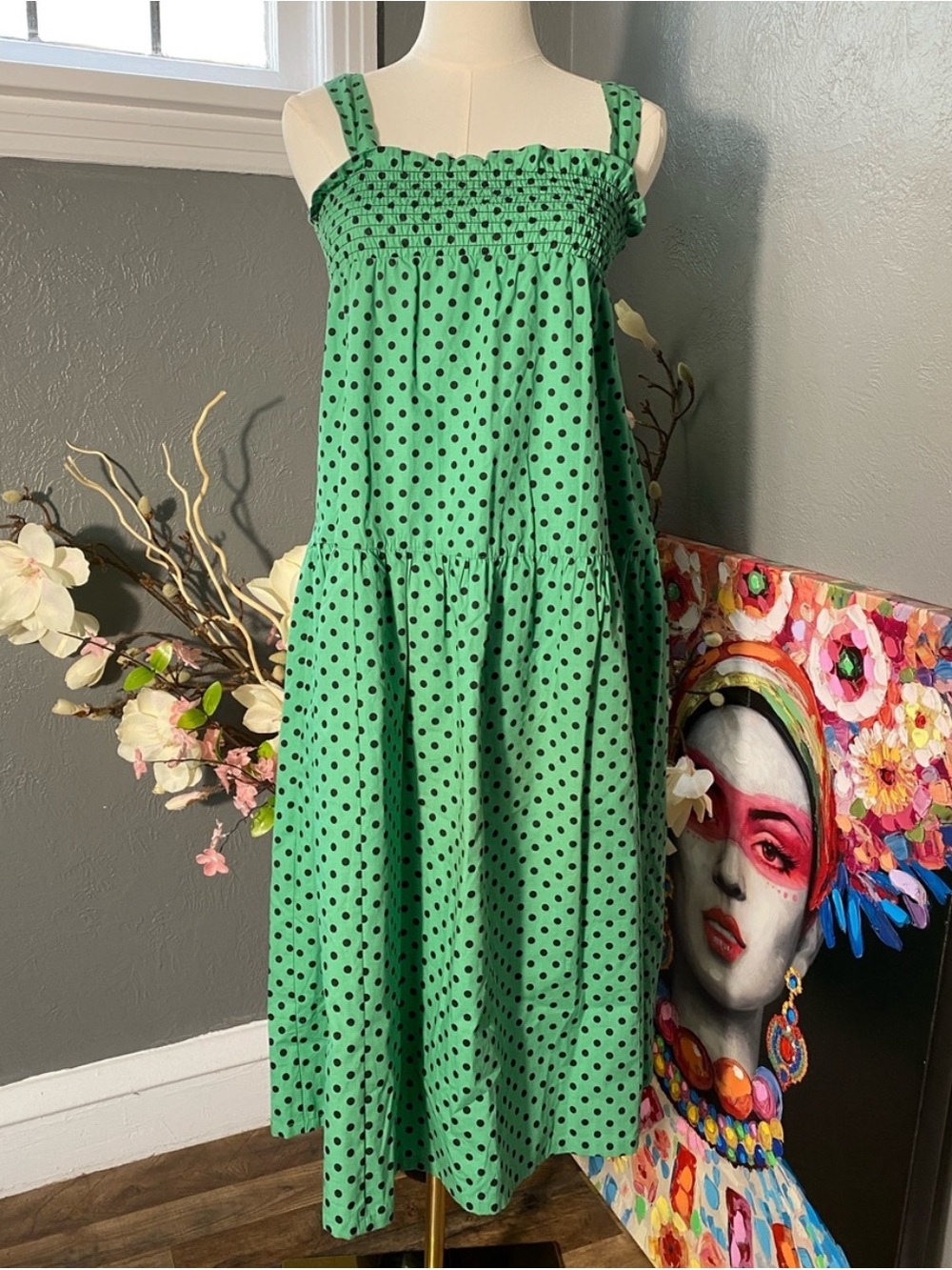 ASOS Green Polka Dot Smocked Midi Dress Size 6 Cottagecore Romantic Sundress